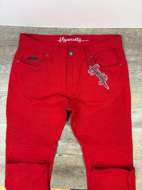 Fly Society Red Moto Biker Jeans Men’s Size 36 Streetwear Denim Pants